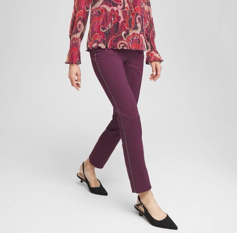 Chico's So Slimming Brigitte Beaded Slim Ankle Pants Size 0.5R 6R Deep Raisin